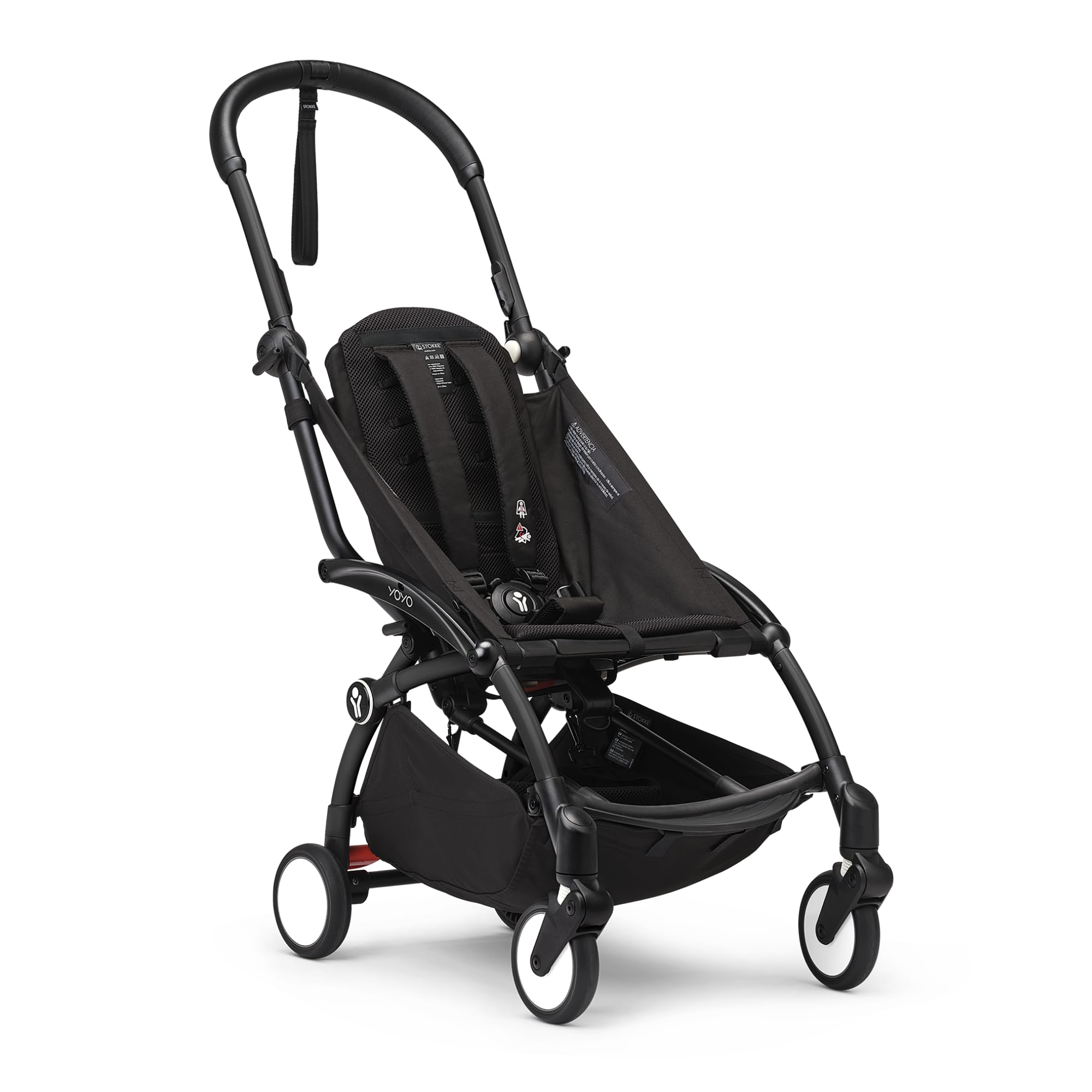 Stokke YOYO3 frame black close-up handle with soft grip for comfortable maneuvering.