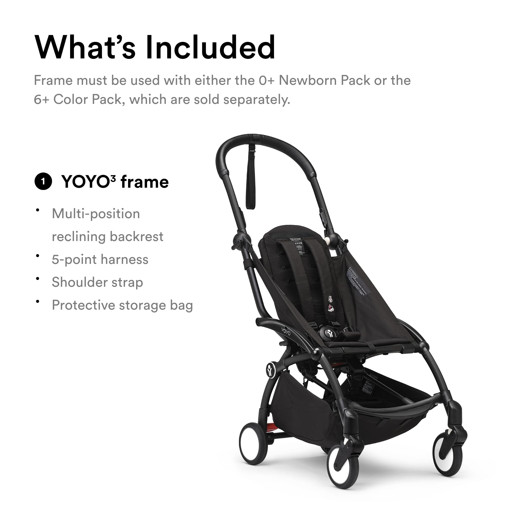 Stokke YOYO3 frame folded and compact for travel readiness.