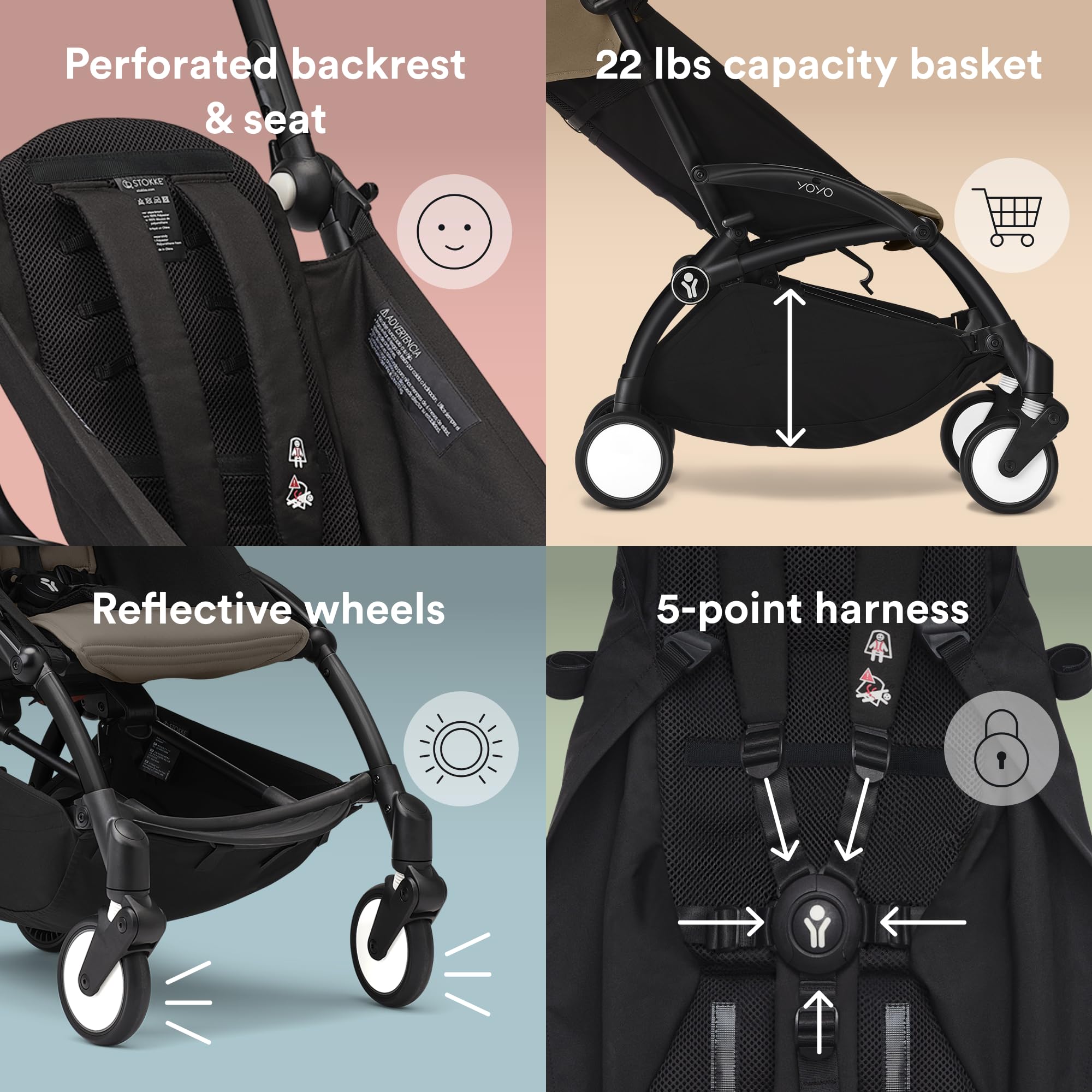Stokke YOYO3 frame with under-seat basket and reflective wheels for easy storage and safety.
