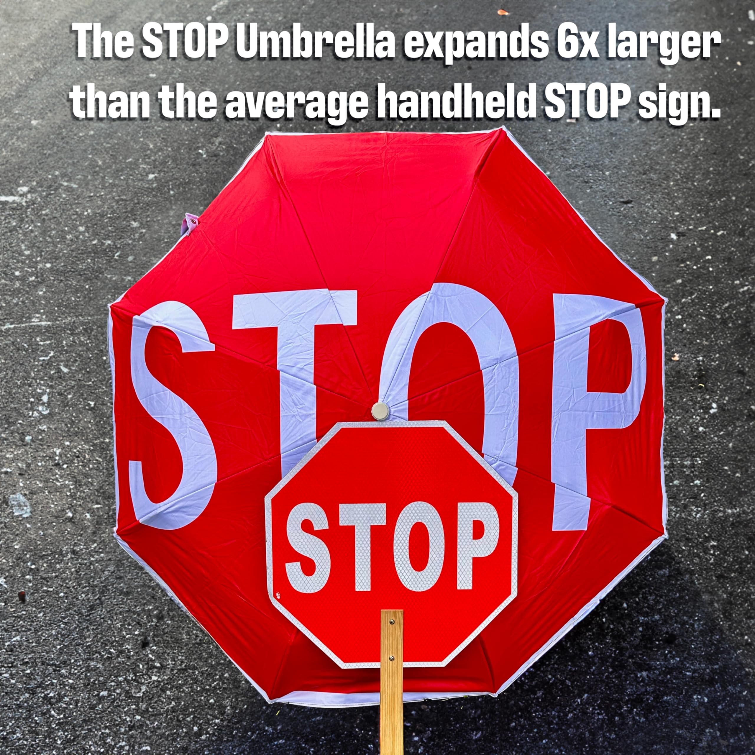 STOP umbrella compact size fits in a tote or stroller pocket for easy carry