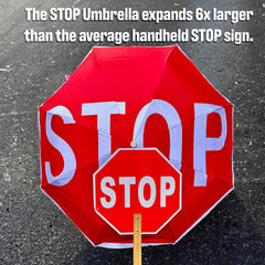 STOP umbrella compact size fits in a tote or stroller pocket for easy carry