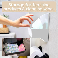 Storage Theory wipes holder built-in shelf top shows handy space for phone and sprays.