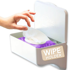 Storage Theory bathroom wipes holder front view demonstrates wall-mounted organization for clutter-free counters.