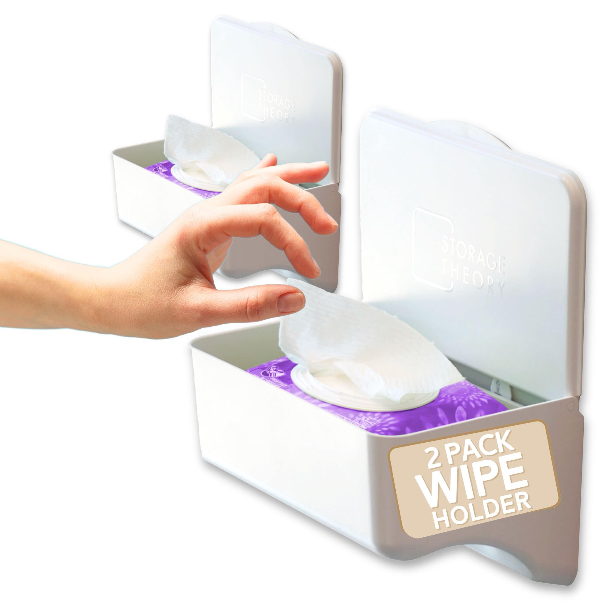 Storage Theory bathroom wipes holder with shelf mounted on wall for quick, clutter-free access