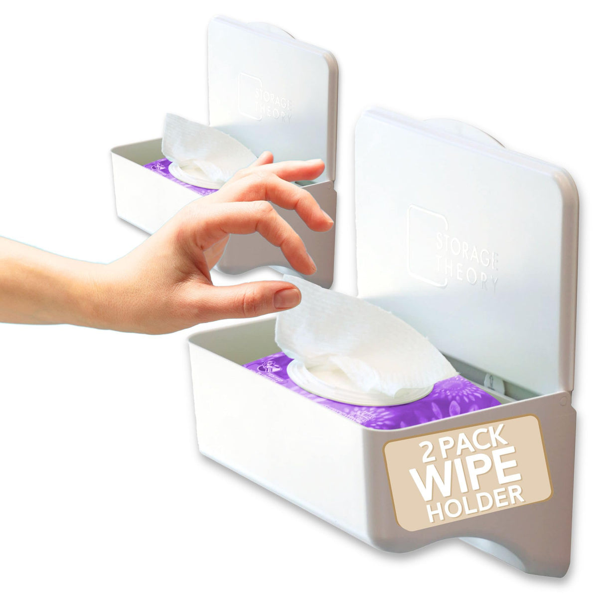 Storage Theory bathroom wipes holder with shelf mounted on wall for quick, clutter-free access