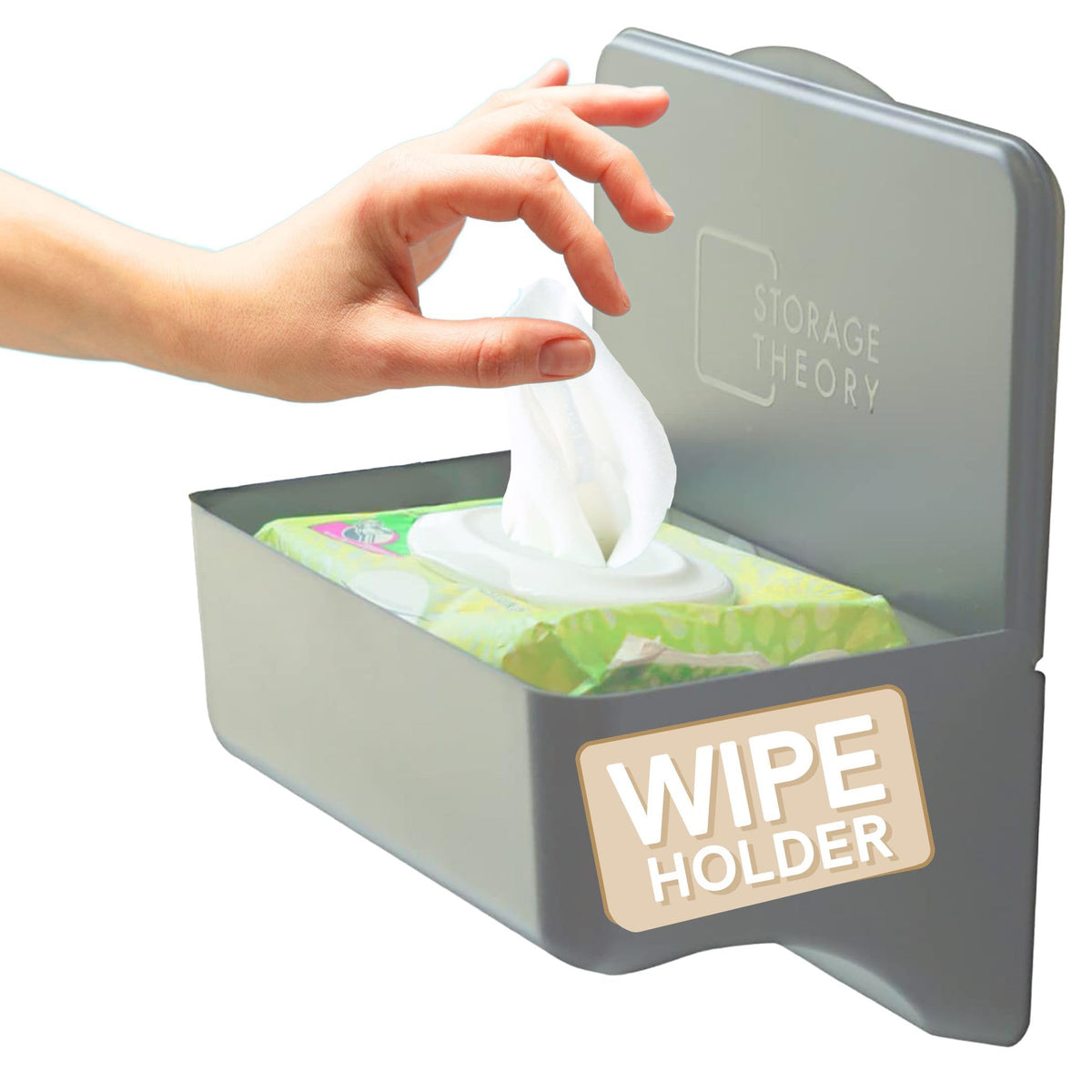 Storage Theory bathroom wipes holder wall-mount gray with easy-access setup.