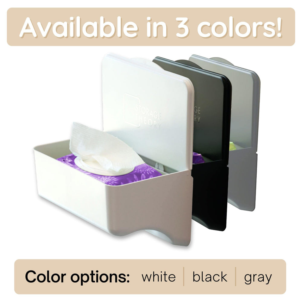 Storage Theory curved bottom design fits over toilet paper holder for seamless look