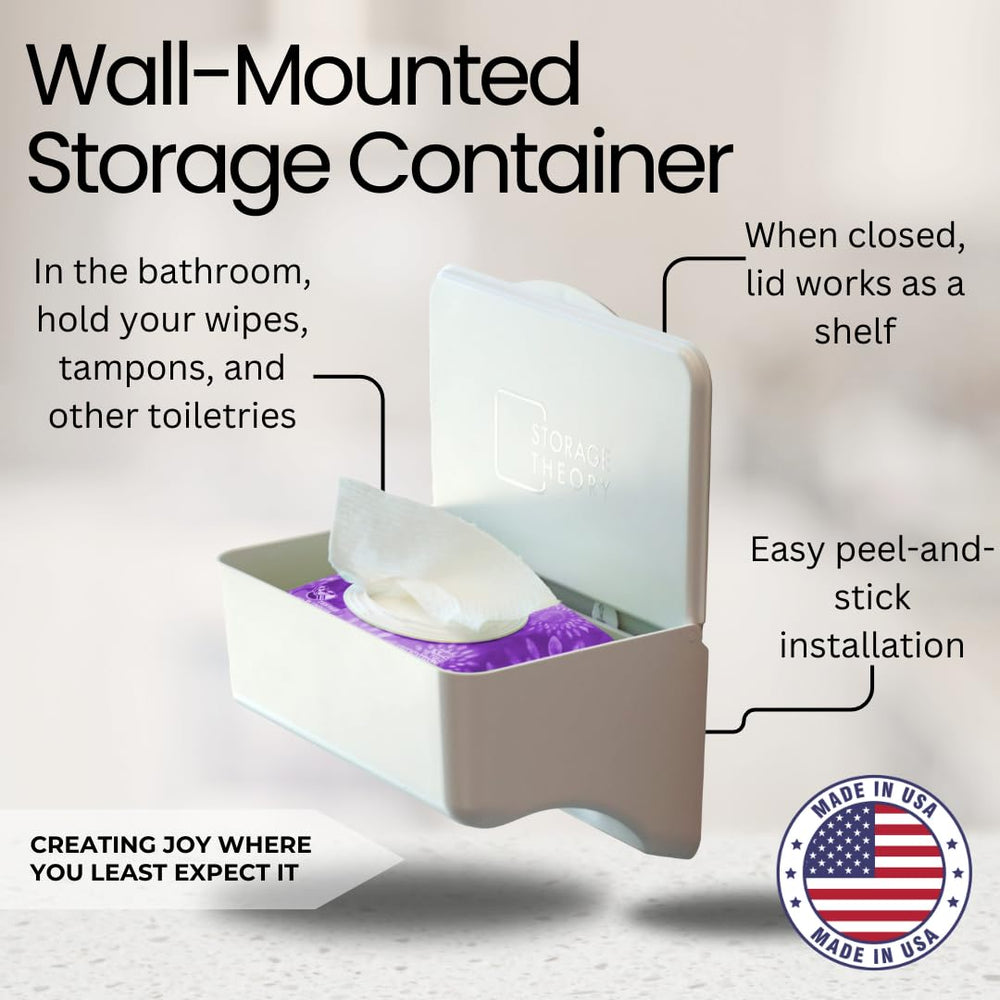 Storage Theory wall-mounted wipes dispenser secured with 3M strips for tool-free installation