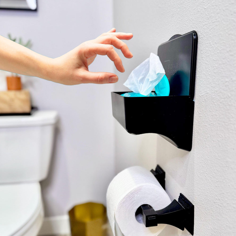 Storage Theory wipe holder black durable ABS material for easy cleaning.