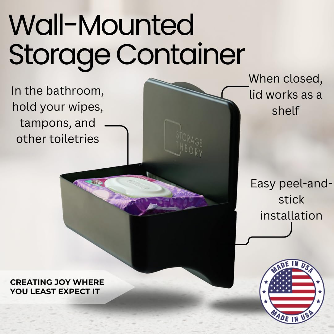 Storage Theory wipe holder black front view demonstrates discreet, accessible wipes.