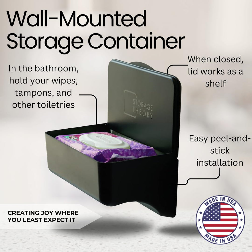 Storage Theory wipe holder black front view demonstrates discreet, accessible wipes.