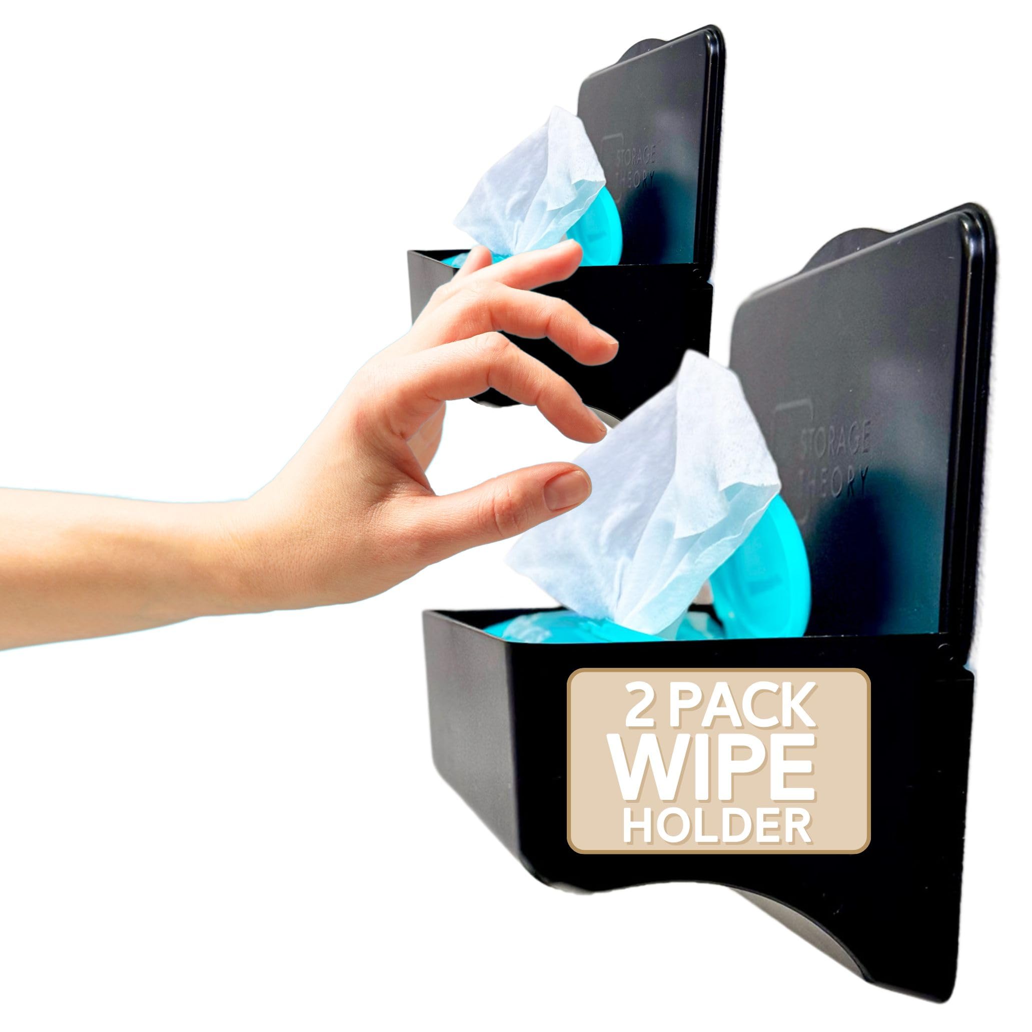 Storage Theory wipe holder black 2-pack package view highlights clutter-free storage.