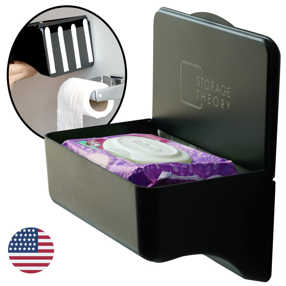Storage Theory wipe holder black wall-mount shown in versatile bathroom setup.