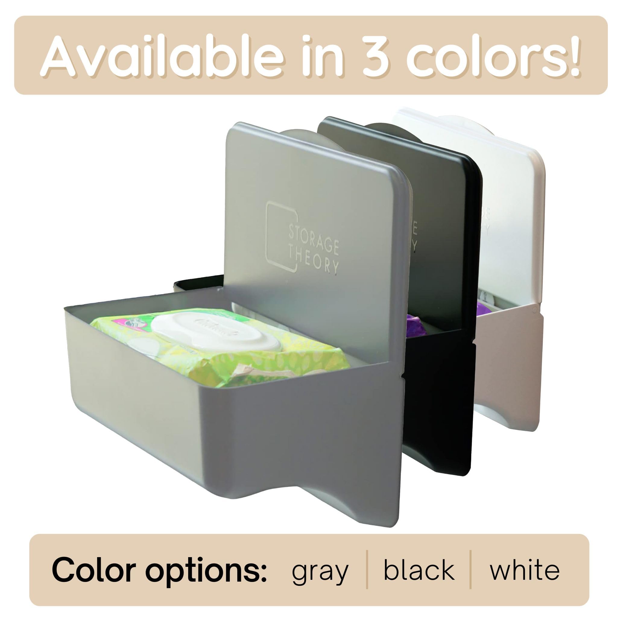 Storage Theory wipes holder shows 3M command strips for tool-free installation.
