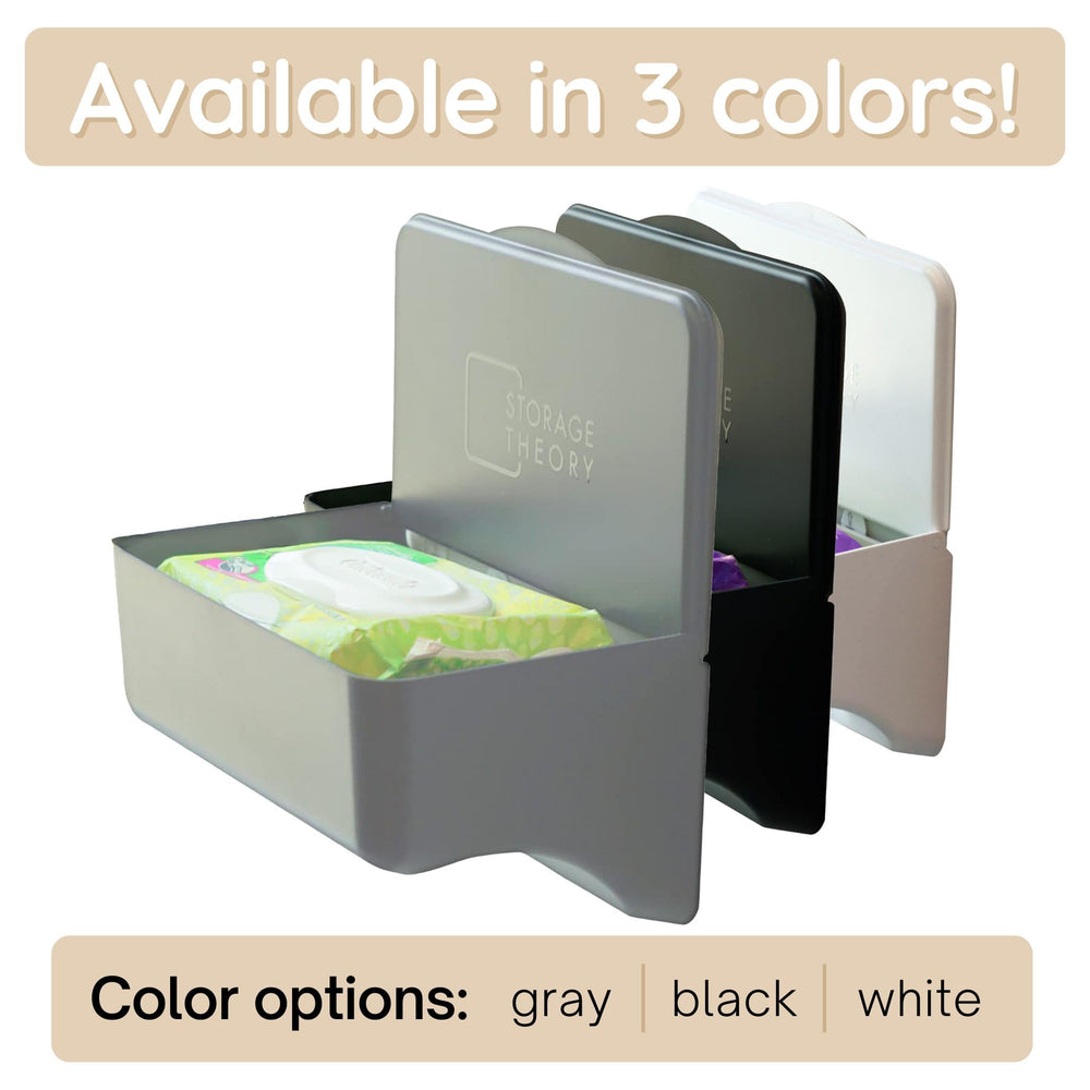Storage Theory wipes holder shows 3M command strips for tool-free installation.