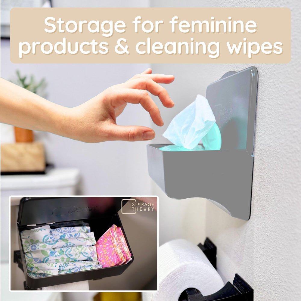 Storage Theory wipes holder over toilet paper holder fits compact bathroom layouts.