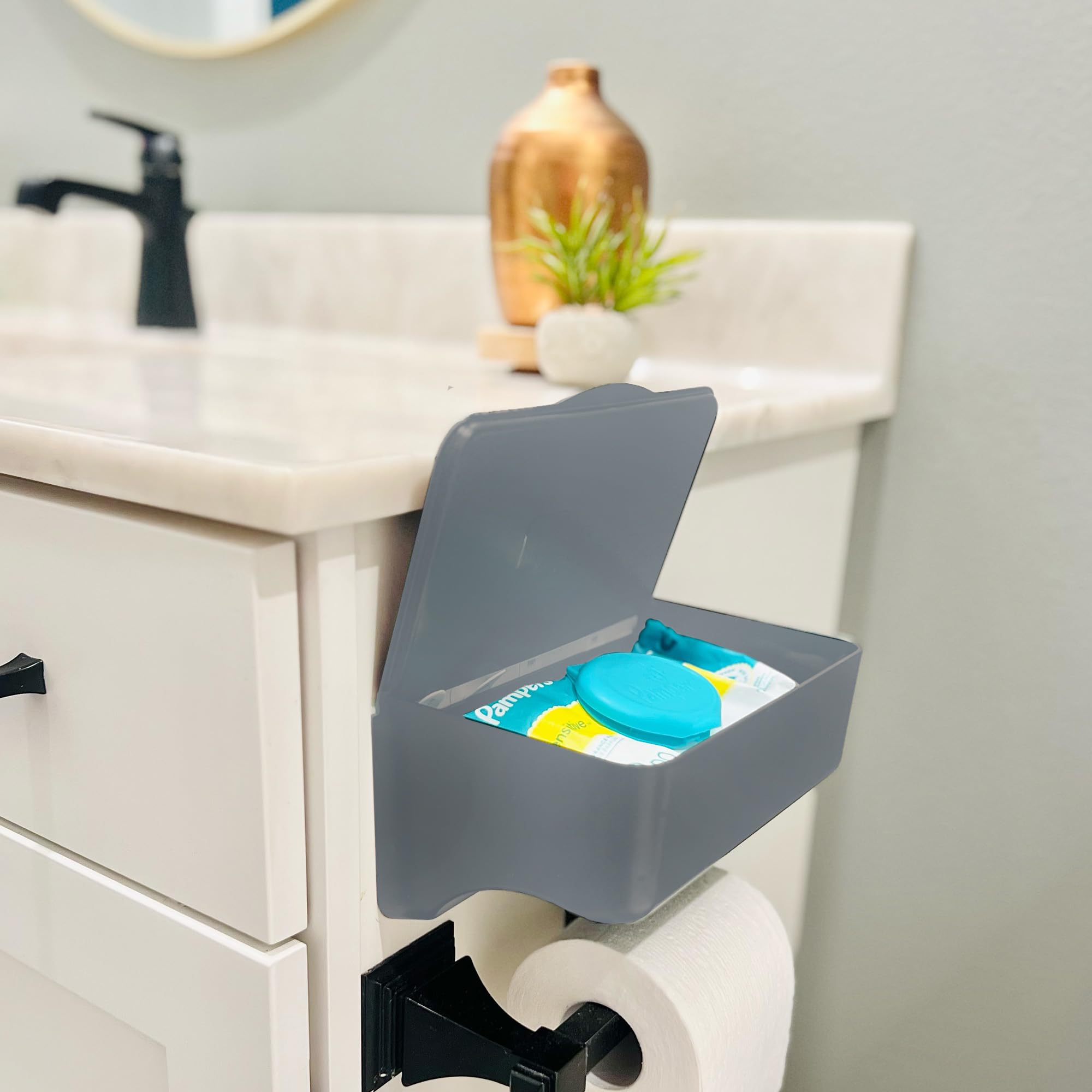Storage Theory wipes holder shelf-top usage keeps phone or spray within reach.