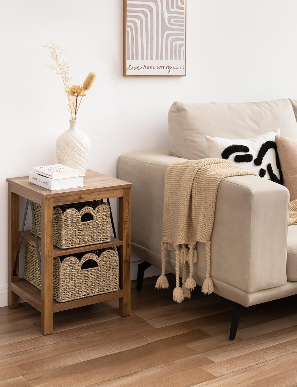 StorageWorks neutral decor basket in living room complements any style.