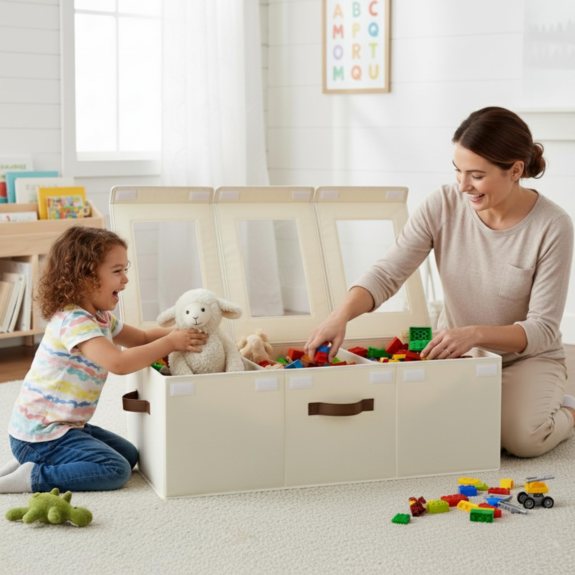StorageWorks collapsible beige toy chest demonstrates light setup with sturdy edges for daily use.