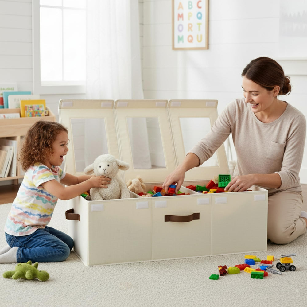 StorageWorks collapsible beige toy chest demonstrates light setup with sturdy edges for daily use.