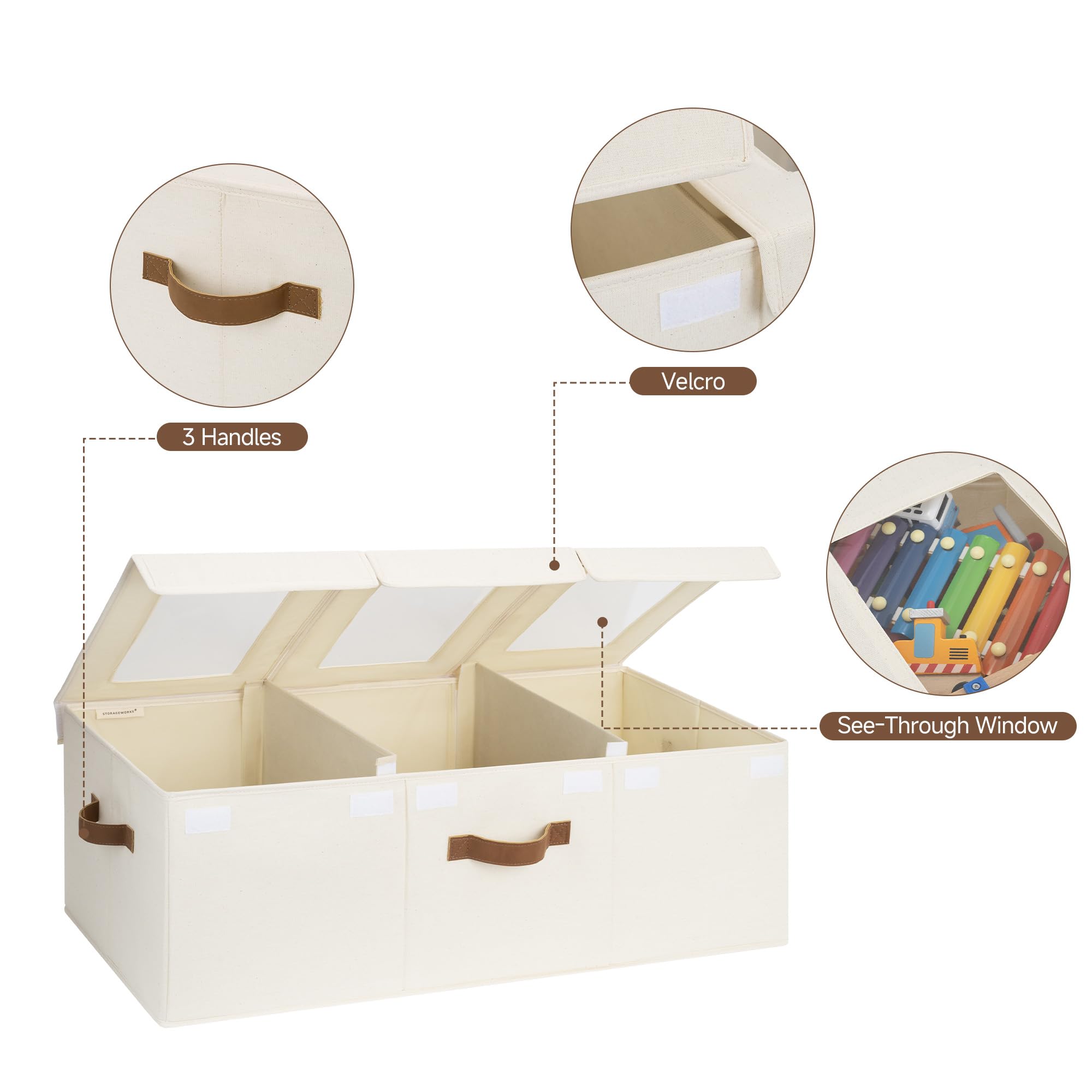 StorageWorks clear lid window design helps quick inventory of books and toys after playtime.