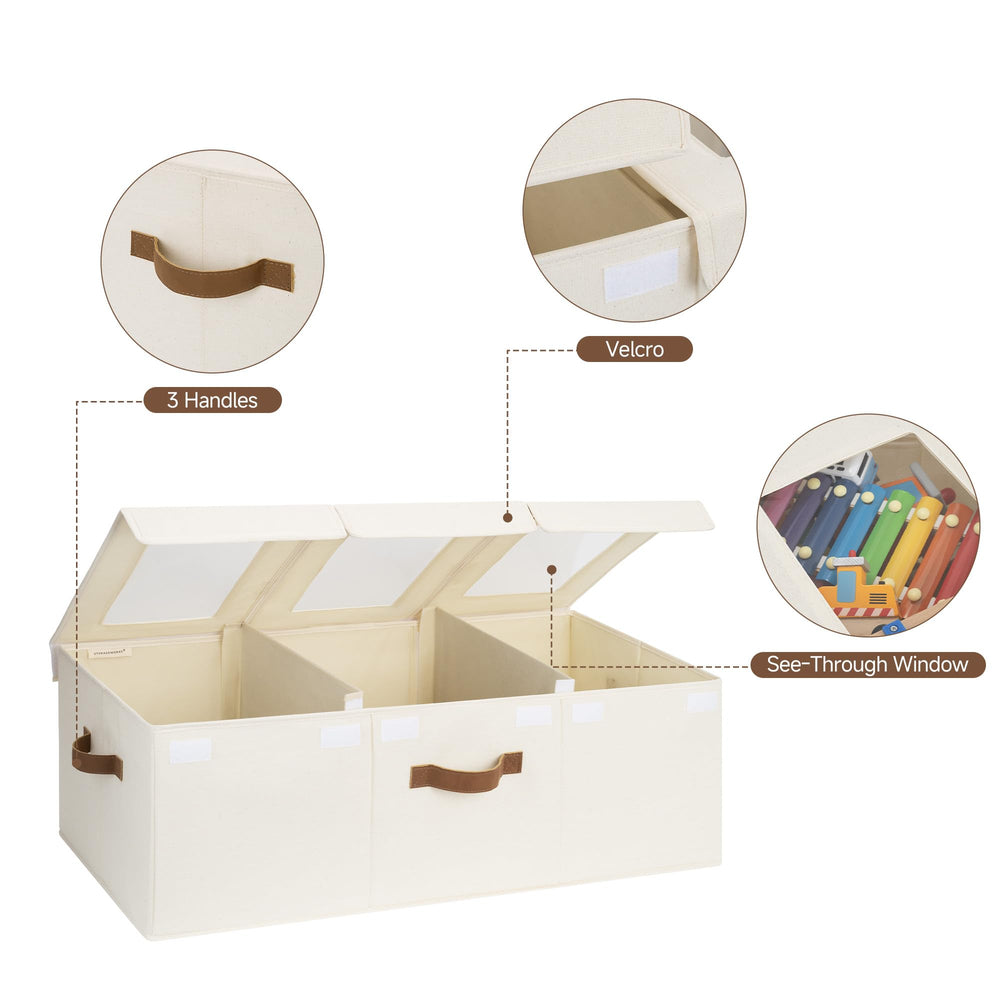 StorageWorks clear lid window design helps quick inventory of books and toys after playtime.