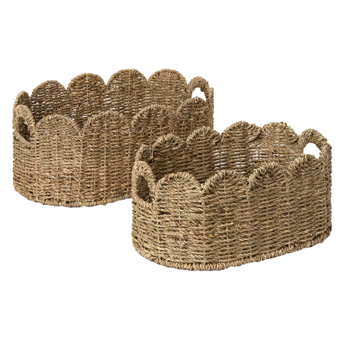 StorageWorks scalloped wicker basket closeup highlighting woven seagrass texture and sturdy frame