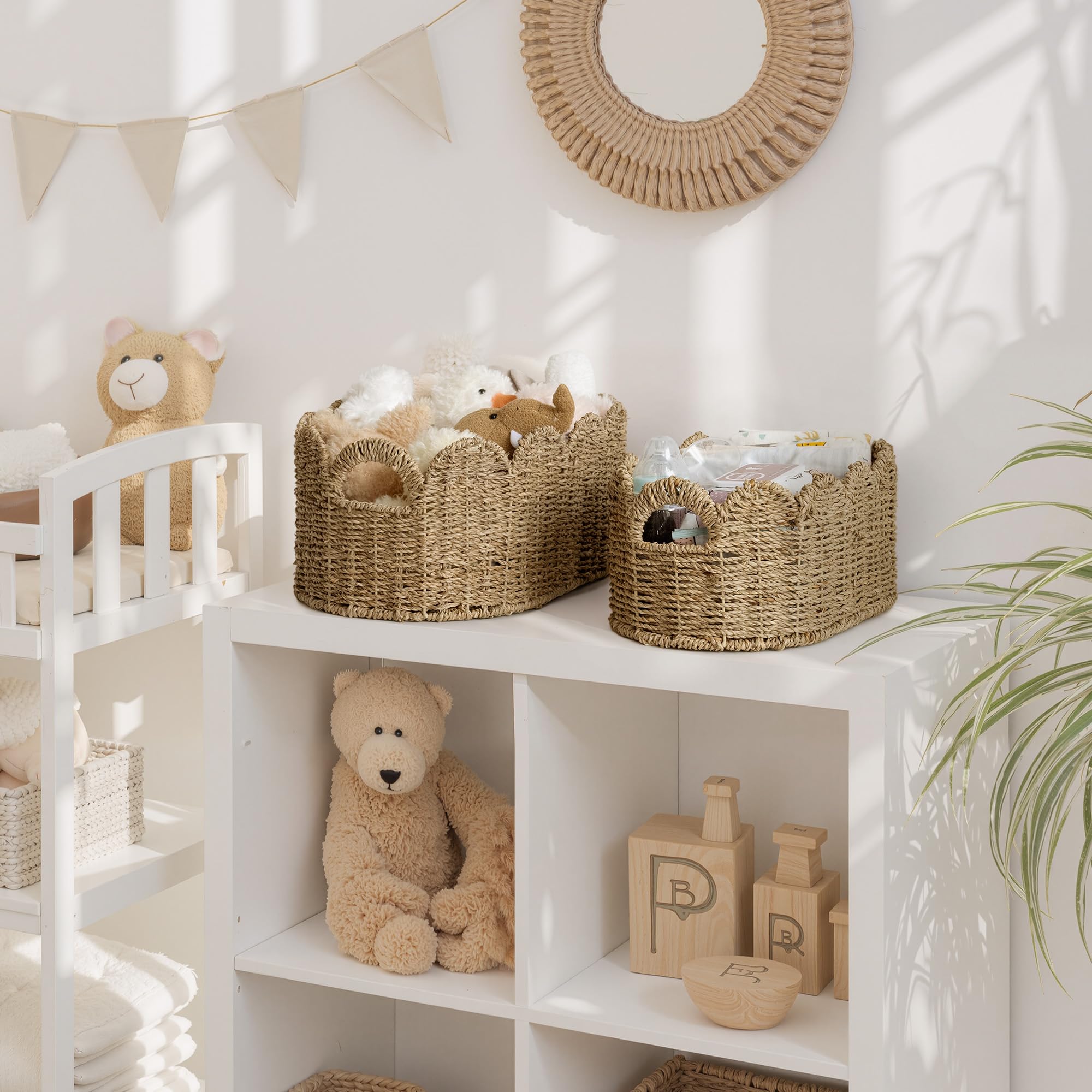 StorageWorks scalloped wicker basket with diapers and wipes neatly organized