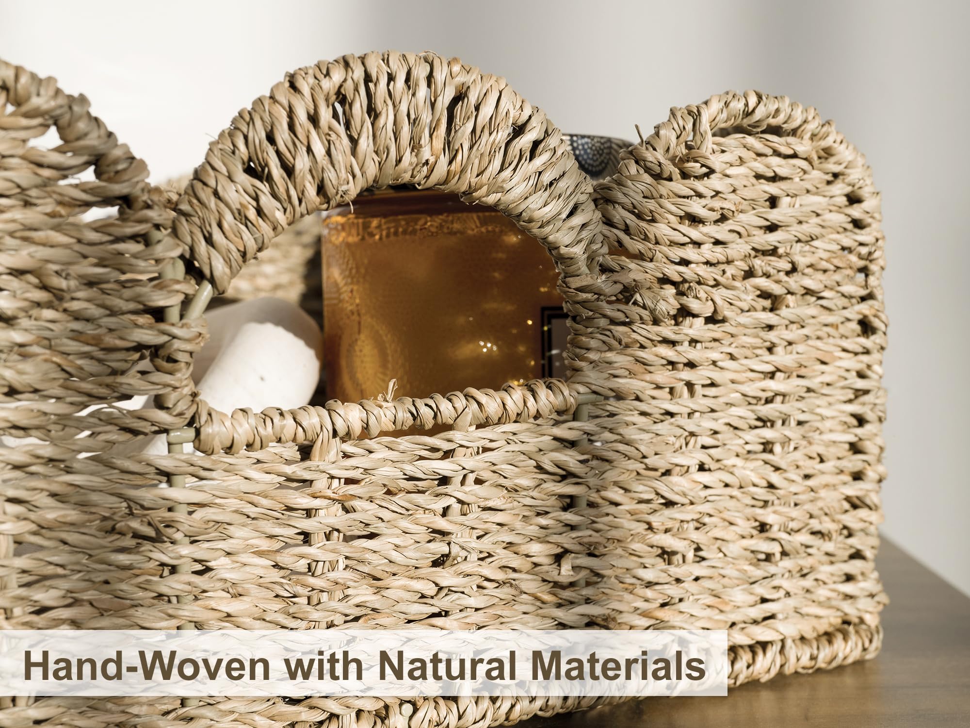 StorageWorks seagrass natural tone complements shelves while organizing everyday essentials