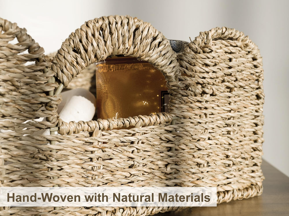StorageWorks seagrass natural tone complements shelves while organizing everyday essentials