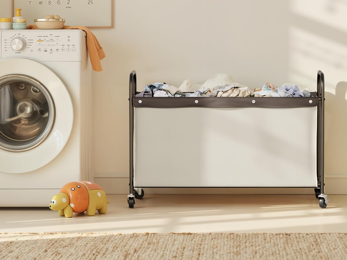 StorageWorks Storage Chest with Wheels beige highlights durable metal and Oxford fabric for long-term use.