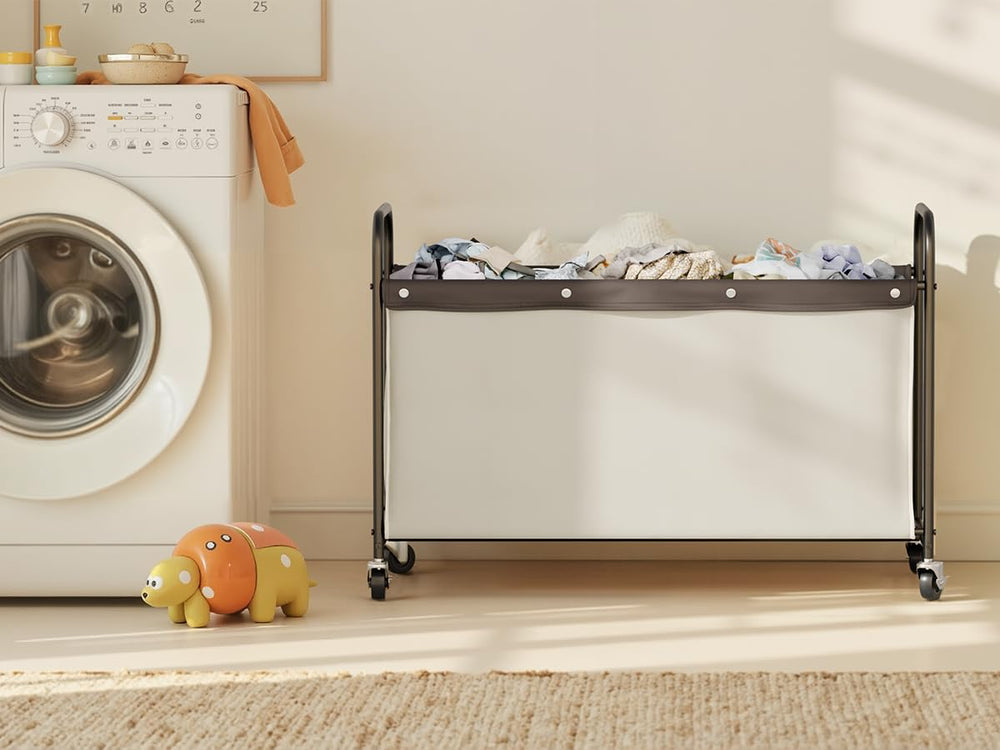 StorageWorks Storage Chest with Wheels beige highlights durable metal and Oxford fabric for long-term use.