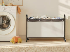 StorageWorks Storage Chest with Wheels beige highlights durable metal and Oxford fabric for long-term use.