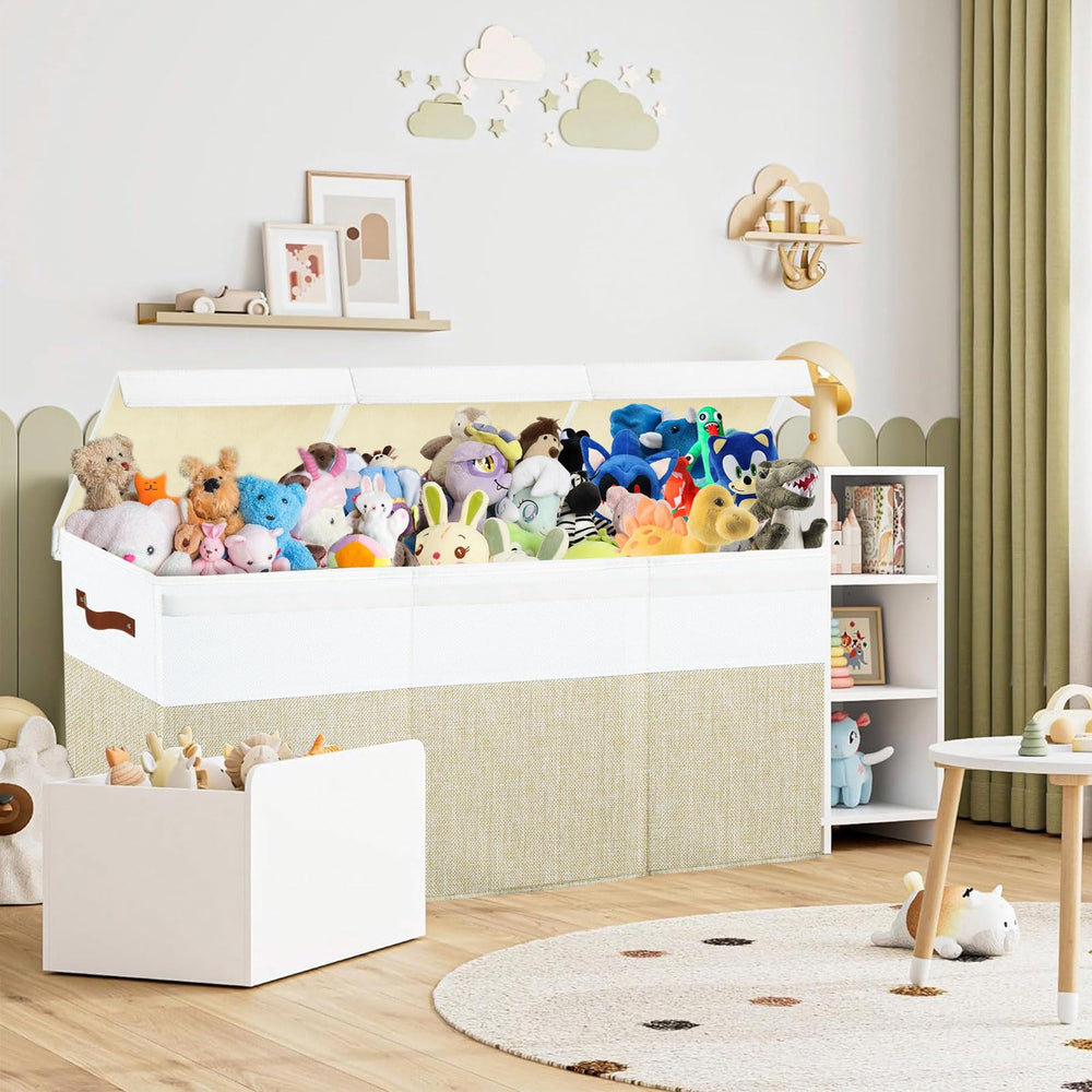 Storasier toy storage organizer beige lids demonstrates easy access with secure Velcro lids.