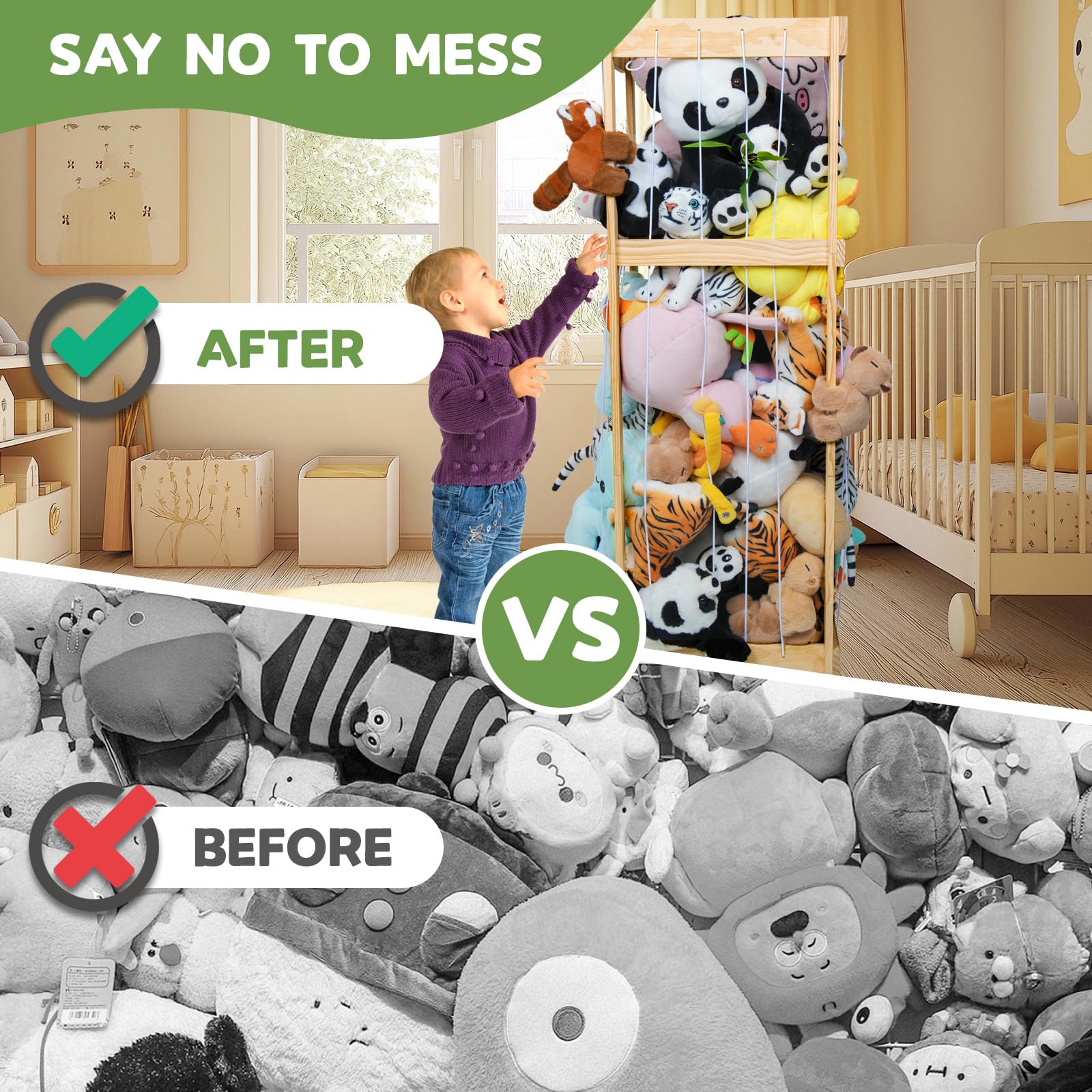 Storenization easy-install stuffed animal storage includes screws and wrench for setup.