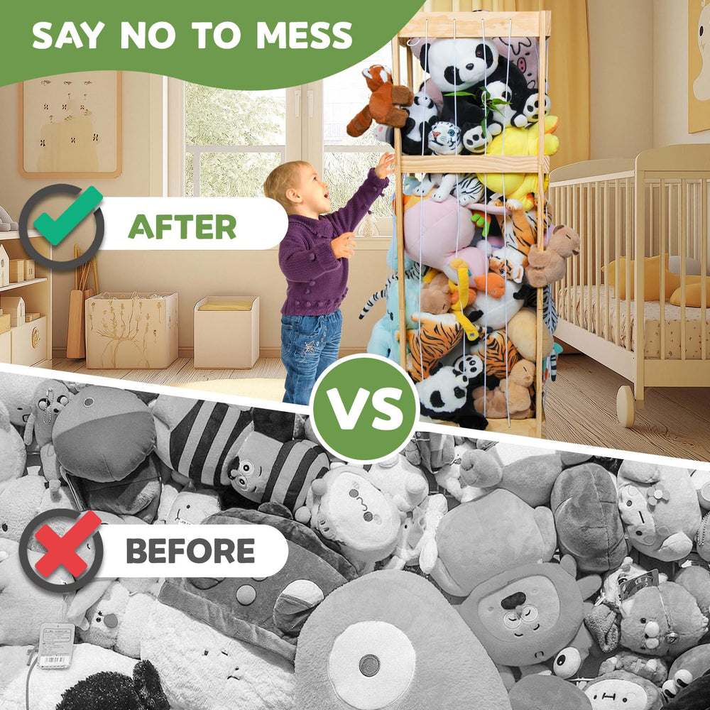 Storenization easy-install stuffed animal storage includes screws and wrench for setup.