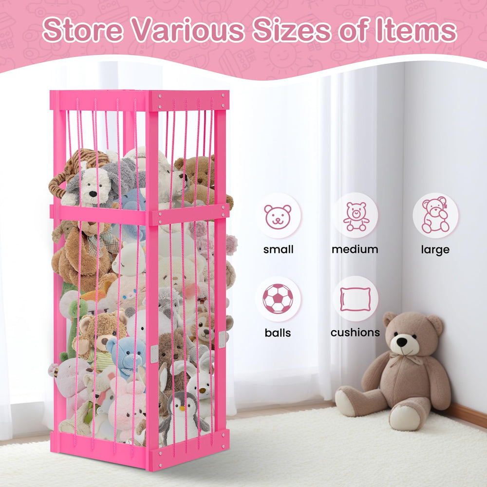 Storenization pink stuffed-animal-storage-zoo full-room view in a kid-friendly nursery setting