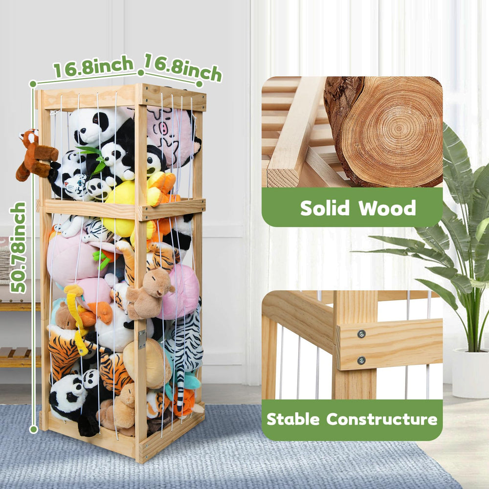 Storenization plush toy storage zoo neatly displays plushies with accessible front cords.