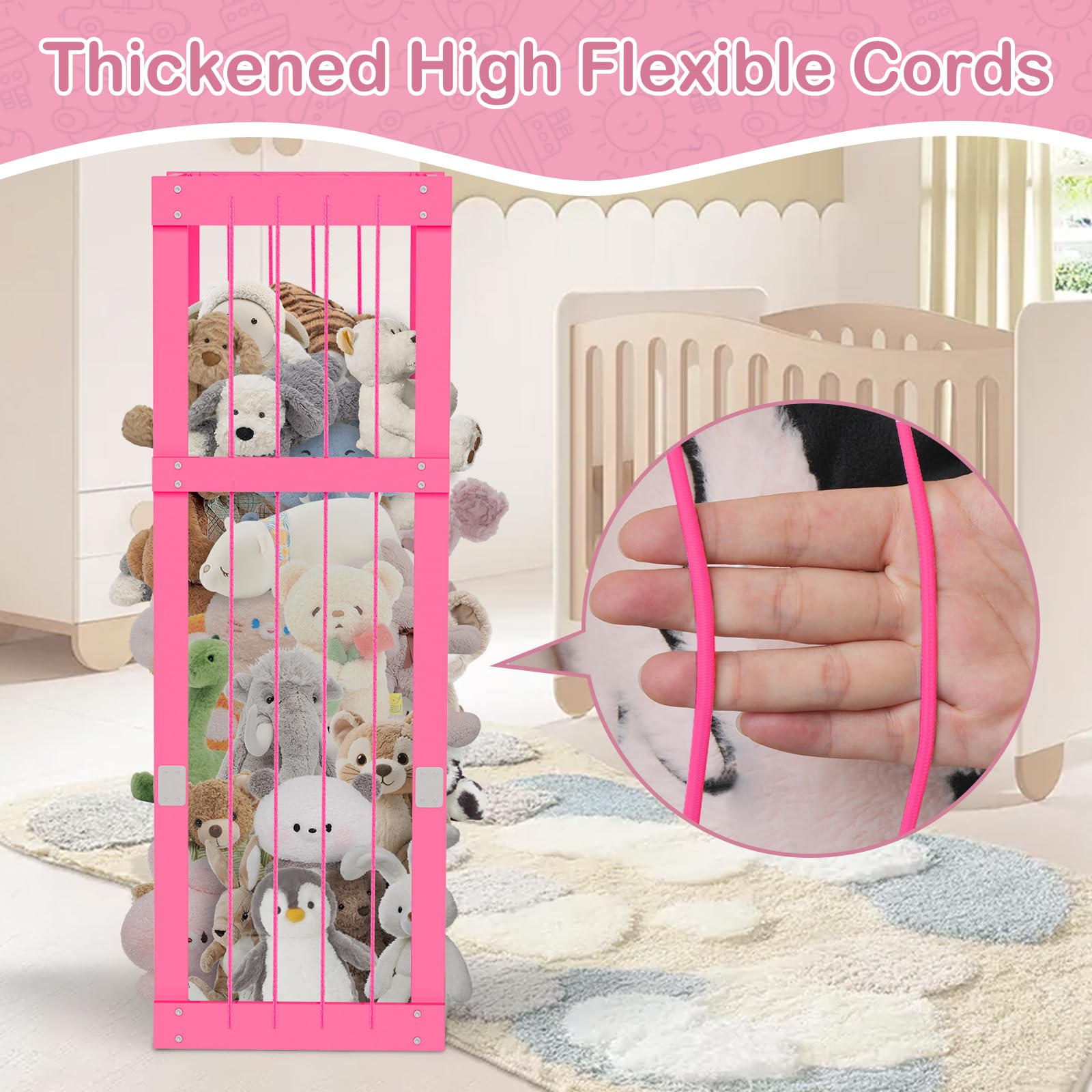 Storenization plushies-storage flexible cords closeup demonstrates easy plush display and access