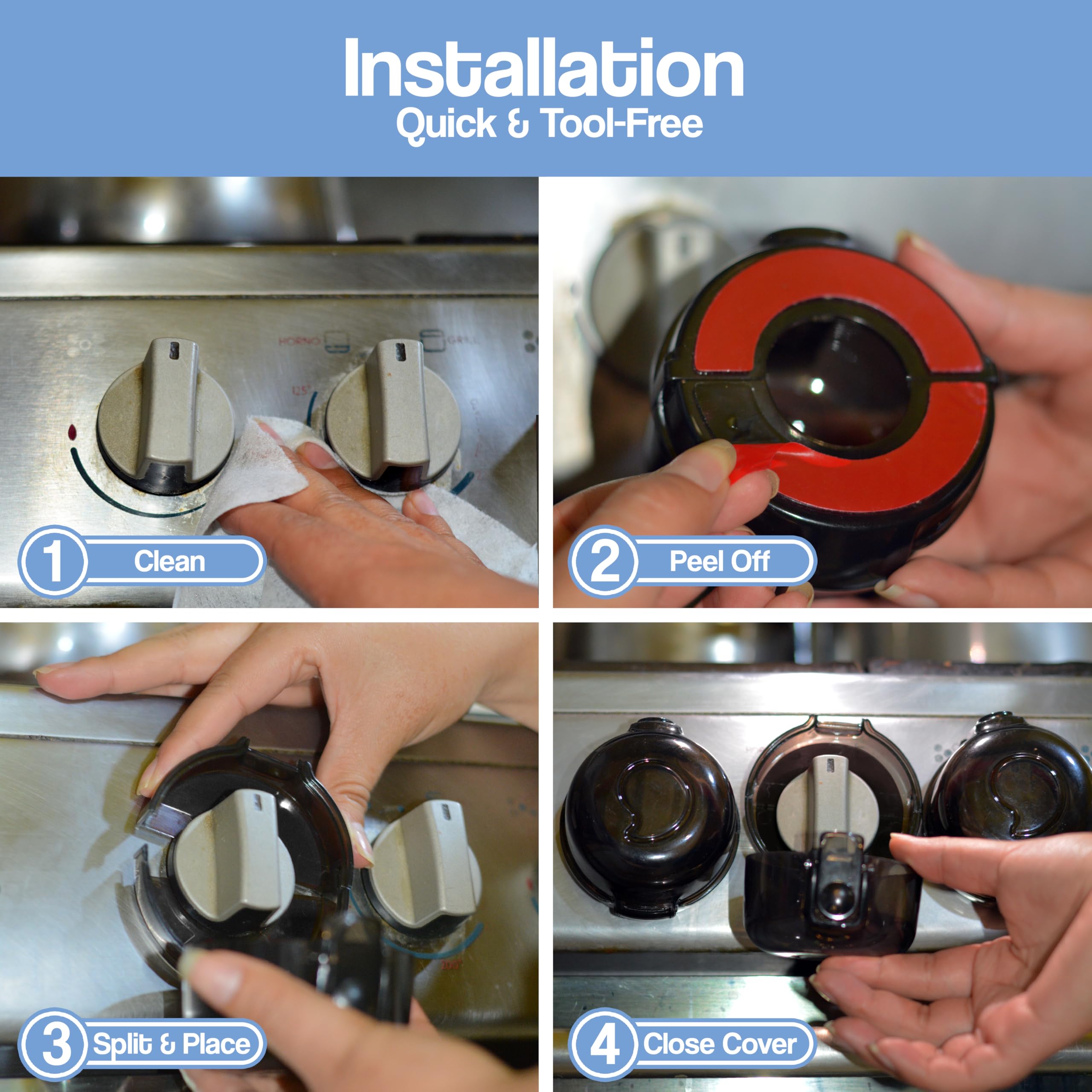 Installed Stove Knob Safety Covers on a stove to prevent tampering