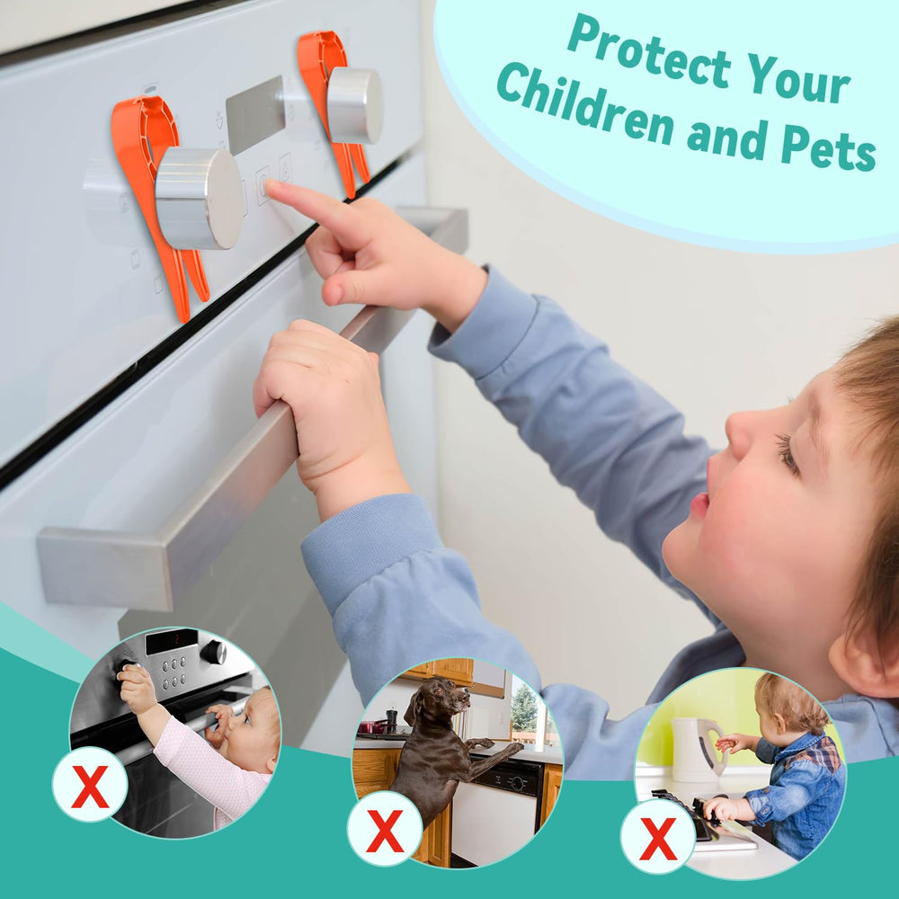 Stove Stoppaz 5-pack knob-locks in use demonstrates rapid coverage across multiple burners.