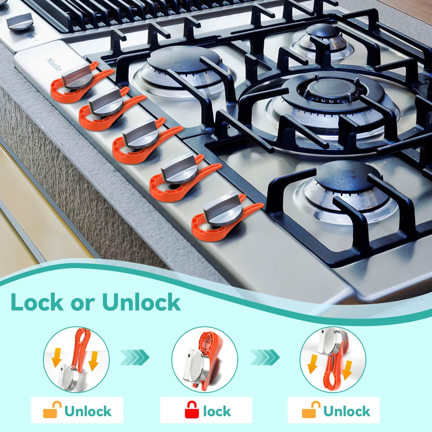 Stove Stoppaz knob-locks red on stove knob shows easy prevention of accidental ignition.