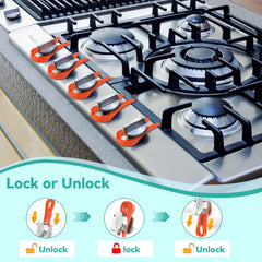 Stove Stoppaz knob-locks red on stove knob shows easy prevention of accidental ignition.