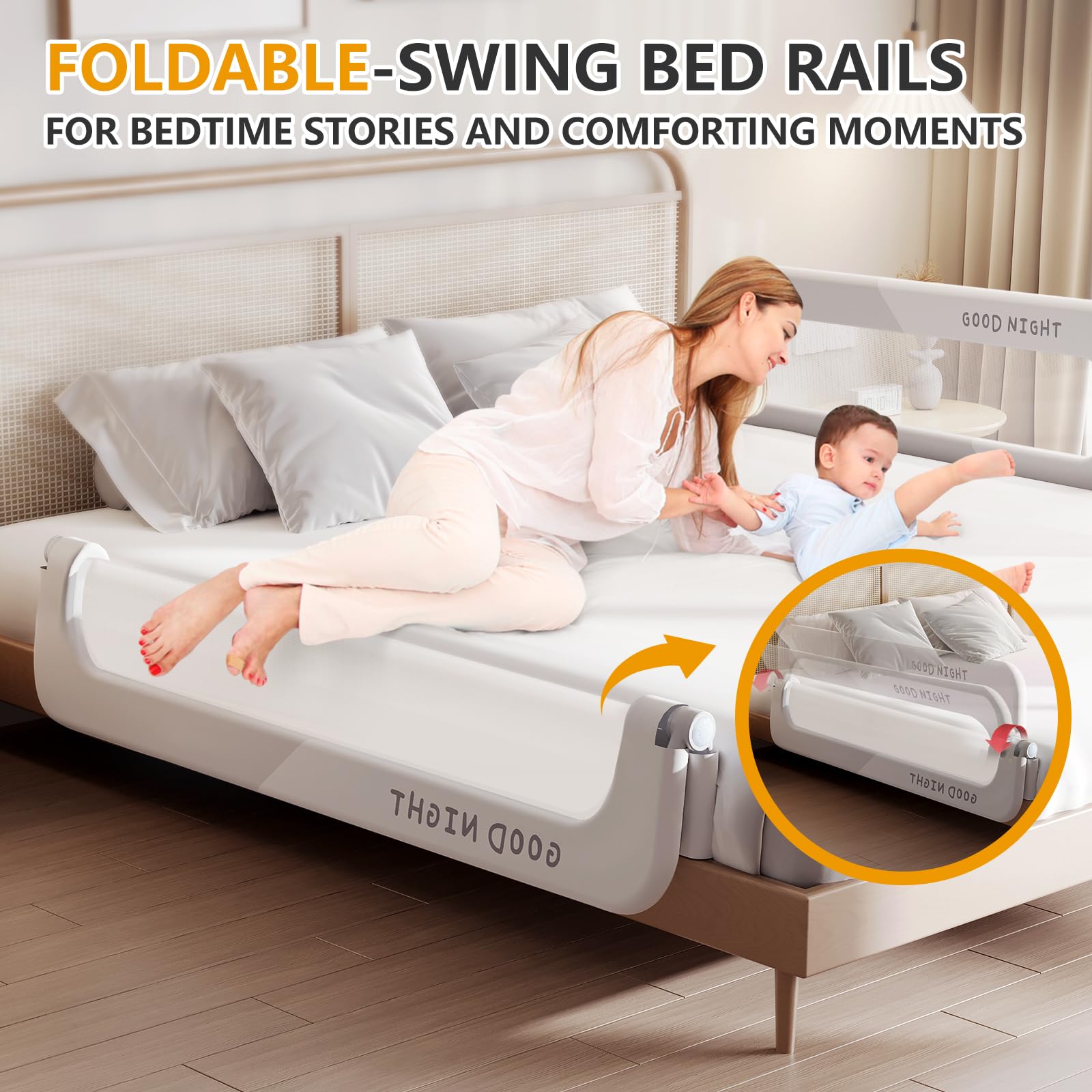 Strenkitech Foldable Bed Rails demonstrate folding mechanism in action for bedtime setup.