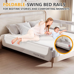 Strenkitech foldable bed rails in swing mode show adjustable height for different mattress thickness.