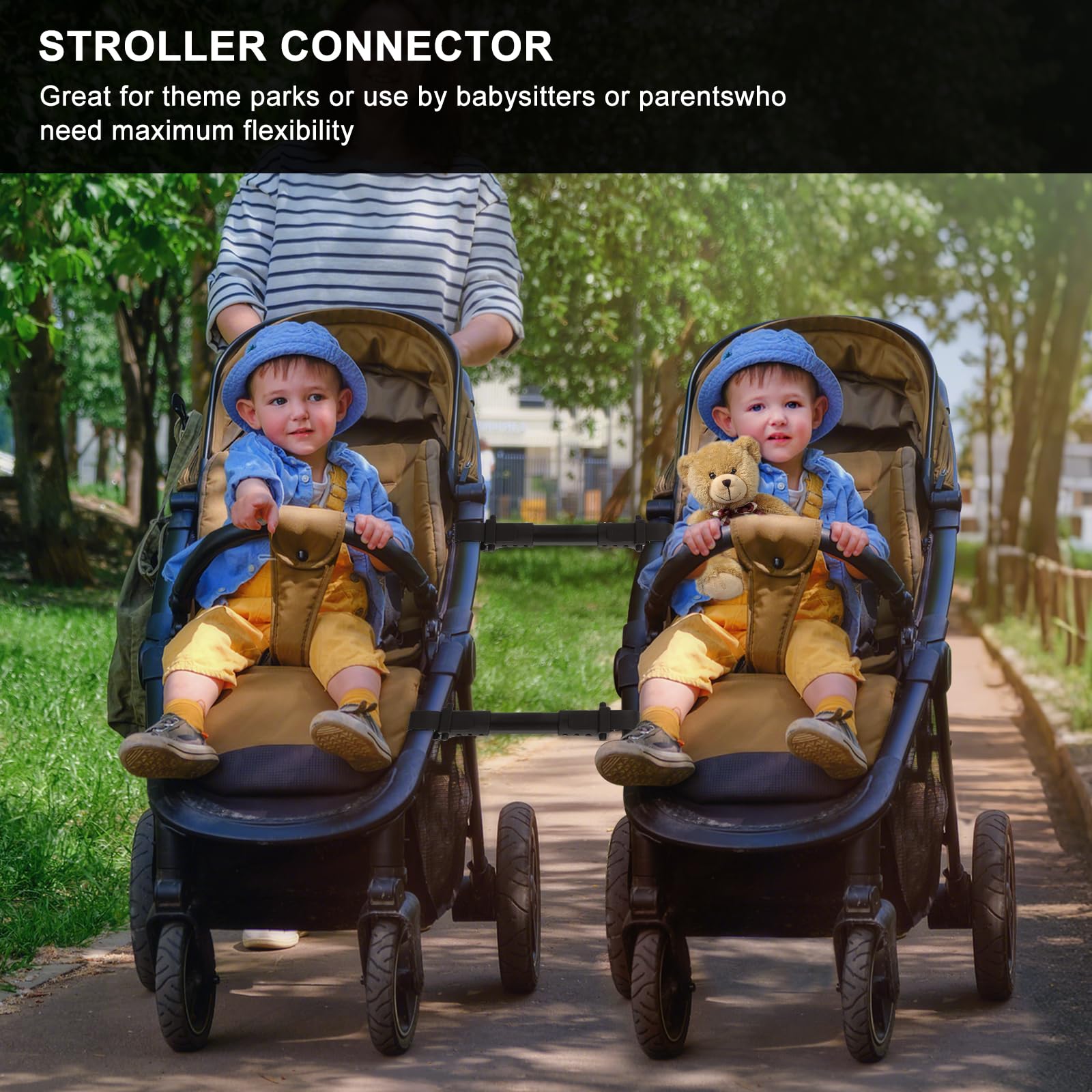 Stroller Connector tandem-pushing-outings illustrates hassle-free transport for two kids.