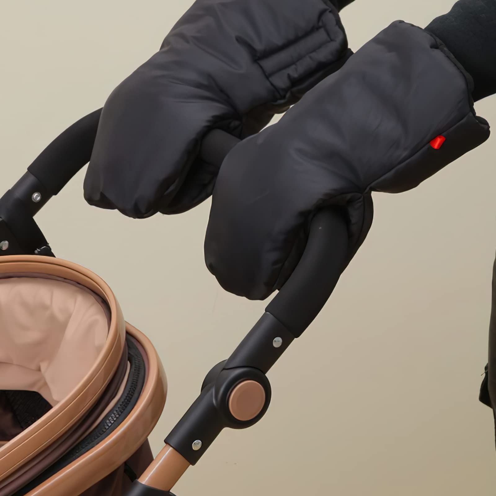 Stroller Hand Muffs hook and loop attachment secures to stroller or cart for quick use