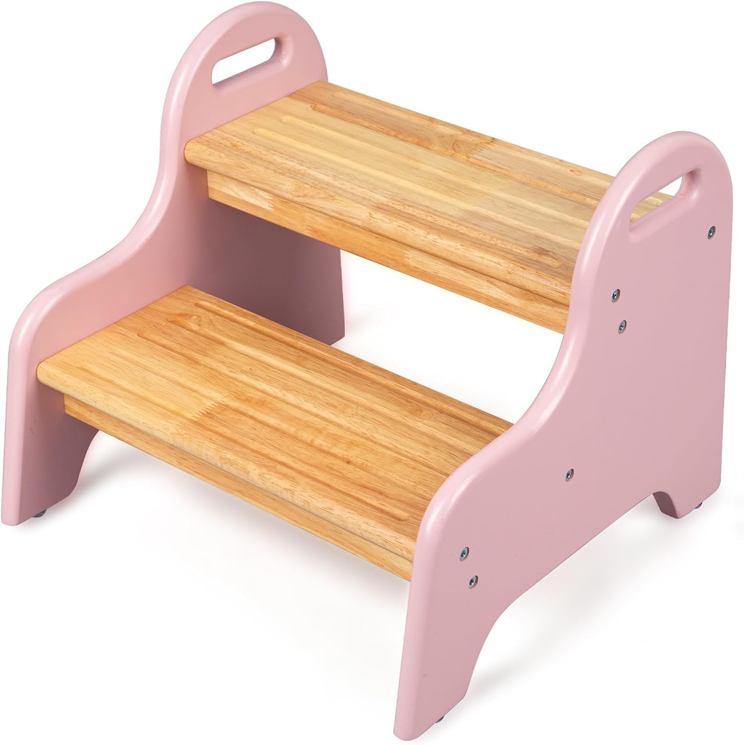 StrongTek Kids 2-Step Stool side view shows durable natural rubber wood for safe bathroom access