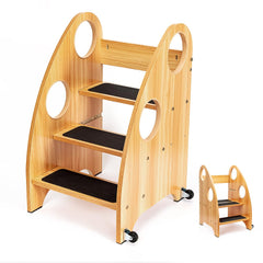 StrongTek Kids Step Stool wooden tower side view shows toddler reach to sinks and counters.