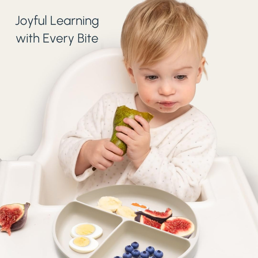 Studio Merveille plate on high chair tray with secure suction.